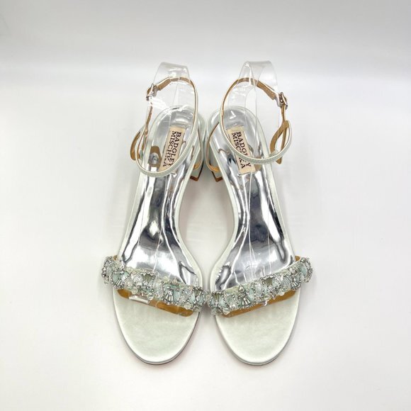 Badgley Mischka Size 8.5 Light Pastel Blue Green Satin Dress Sandals Heels Shoes - Picture 3 of 15